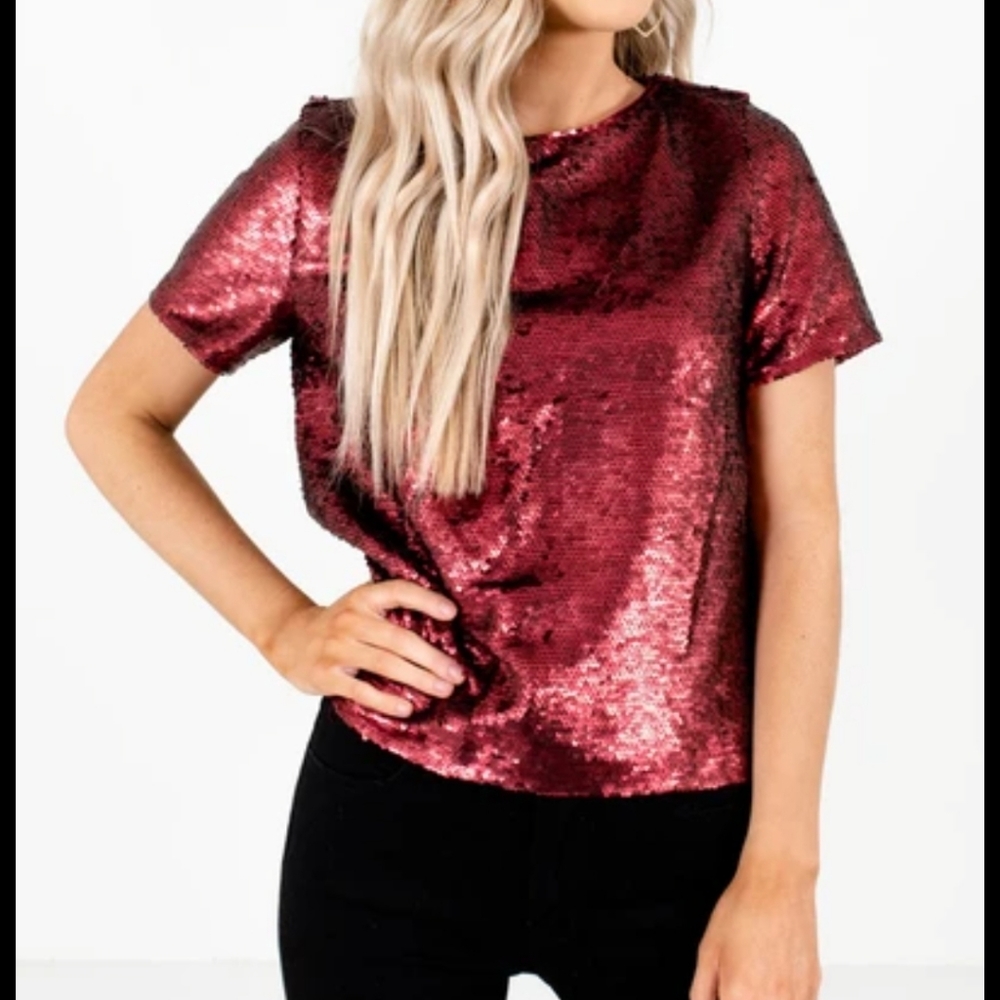 En elly burgundy sequined crewneck  Sparkle short sleeve top